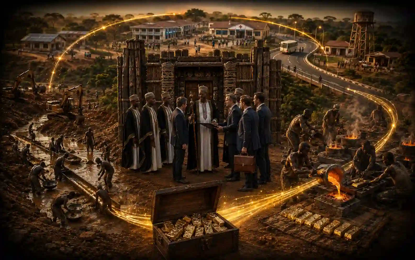 Bespoke 3D isometric infographic diagram illustrating a transparent circular gold sourcing pipeline in Uganda, tracking raw 22 karat dore extraction and direct Buganda palace allocations straight into building schools and clinics.