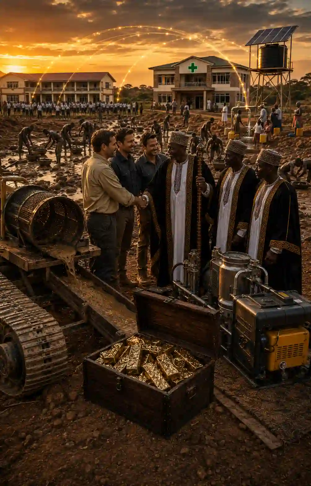Dignified traditional Buganda Chief and international corporate investors executing a transparent on-ground contract alliance next to raw 22 karat gold allocations and an active artisanal mining cooperative in Uganda, directly funding a modern local hospital, school, and solar-powered water well borehole.