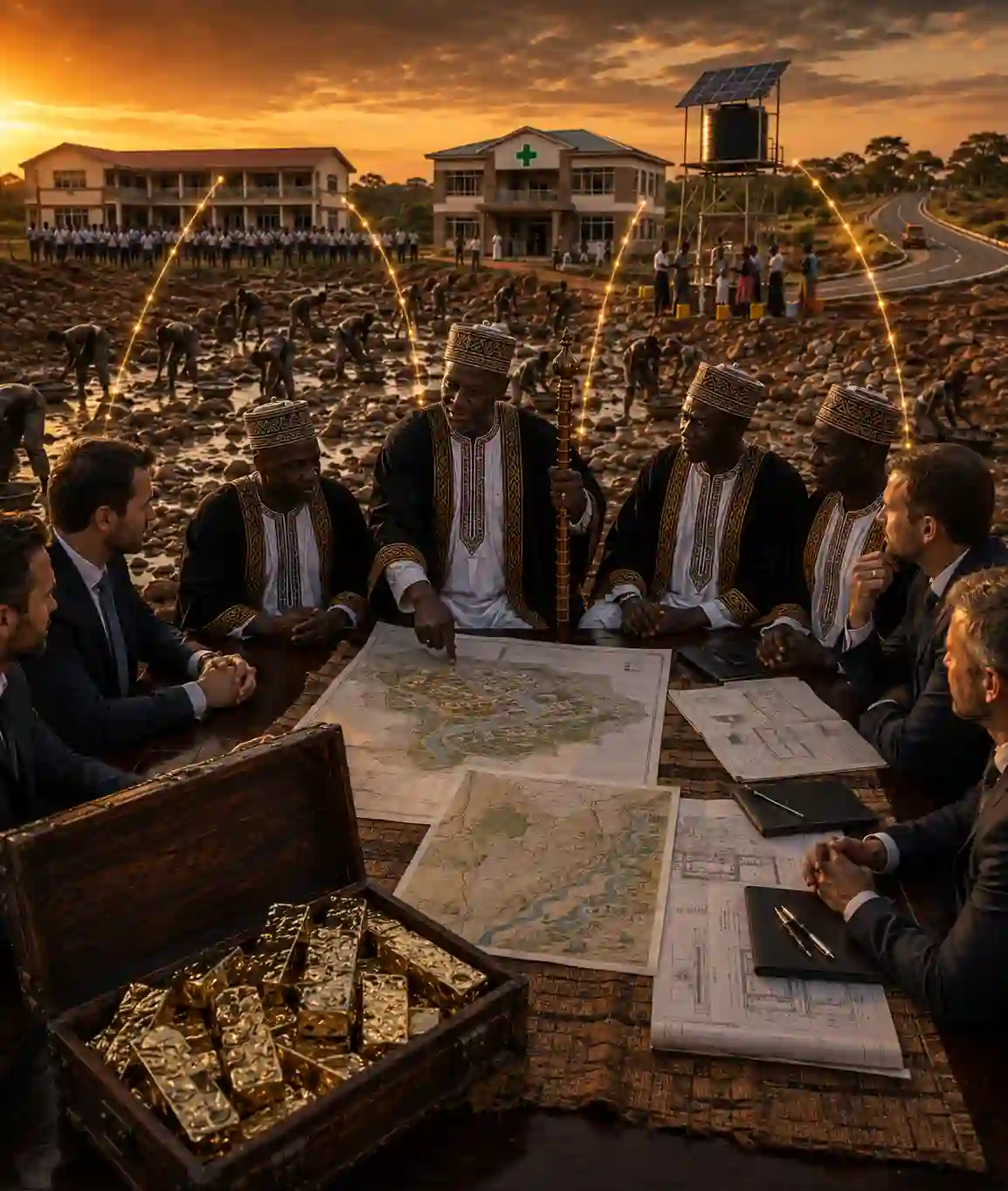 Dignified corporate investors reviewing structural infrastructure development maps face-to-face with a traditional Buganda African Chief next to raw 22 karat gold allocations in Uganda, highlighting an asset-backed capital allocation pipeline.