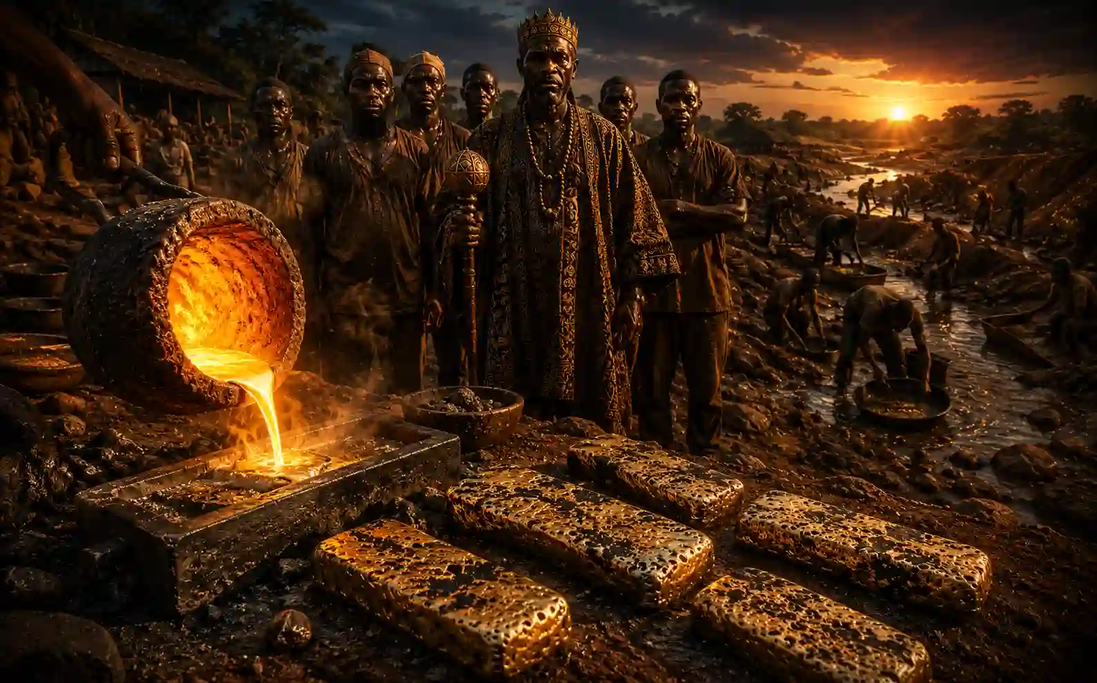 Active grassroots African artisanal mining cooperative executing traditional campfire smelting of raw 22 karat gold dore bars, showcasing a transparent and fully verified on-ground mineral supply chain. Buy Gold From Local Miners in Africa