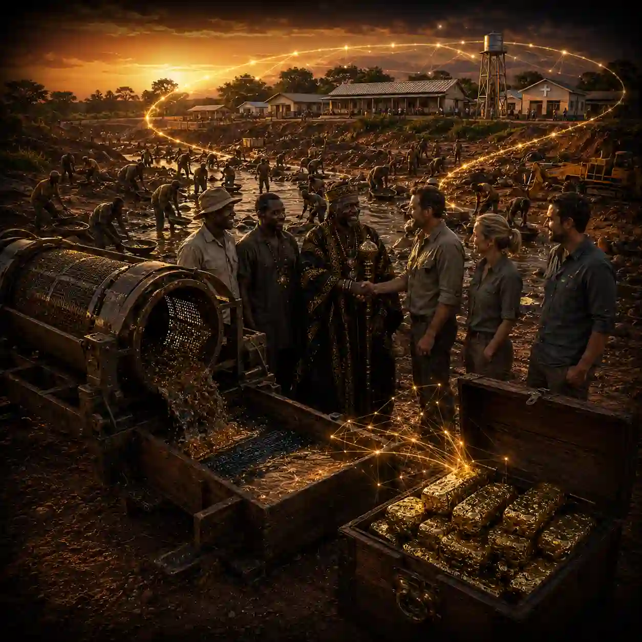 Dignified international investors and a traditional African Chief standing next to active artisanal gold mining equipment and newly built village schools, highlighting an asset-backed community empowerment pipeline.