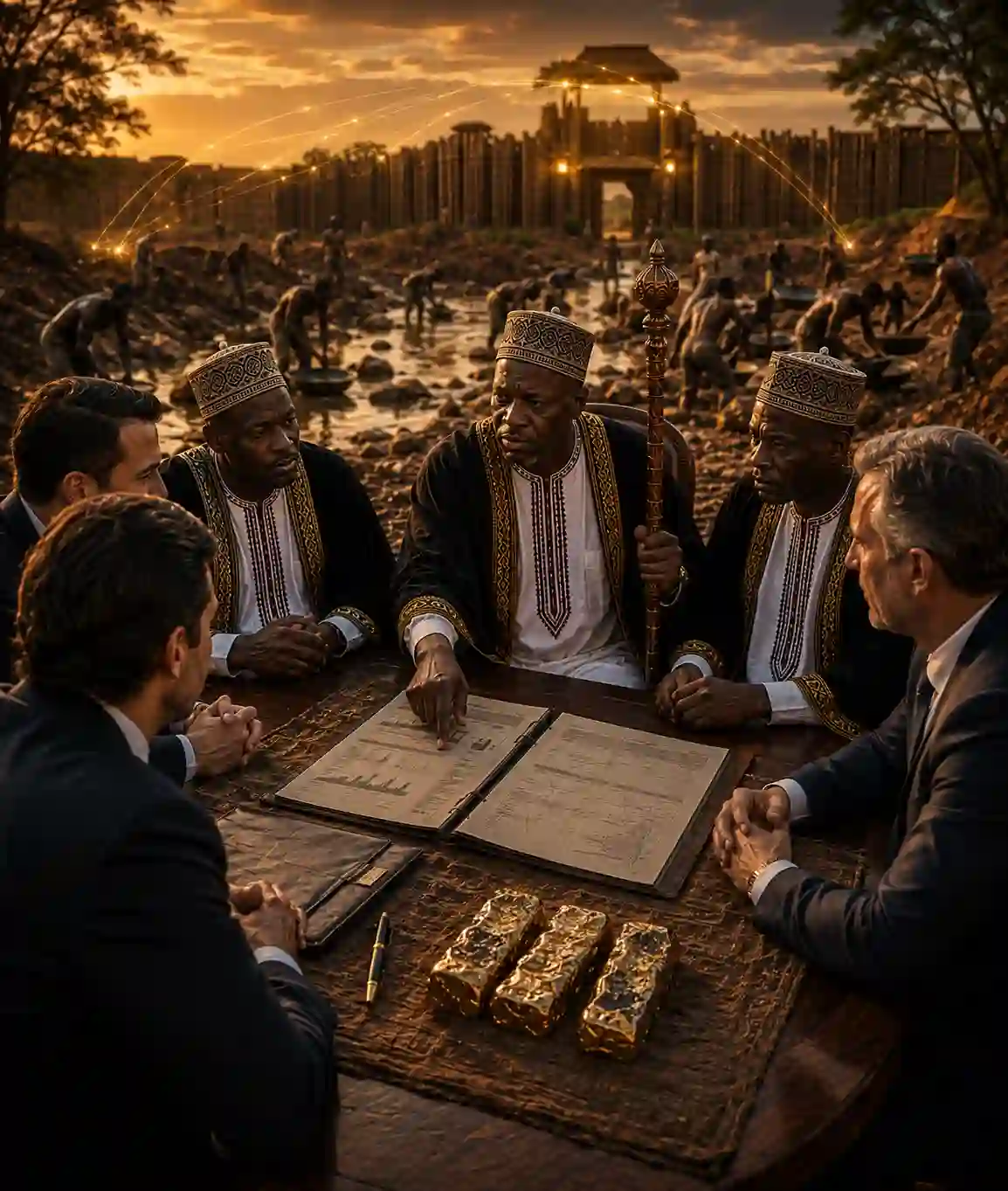 Buy Gold From Local Miners in Africa - Dignified corporate investors executing an on-ground contract alignment meeting with a traditional Buganda African Chief next to an active artisanal gold mining cooperative in Uganda, highlighting direct palace tracking.<br />
