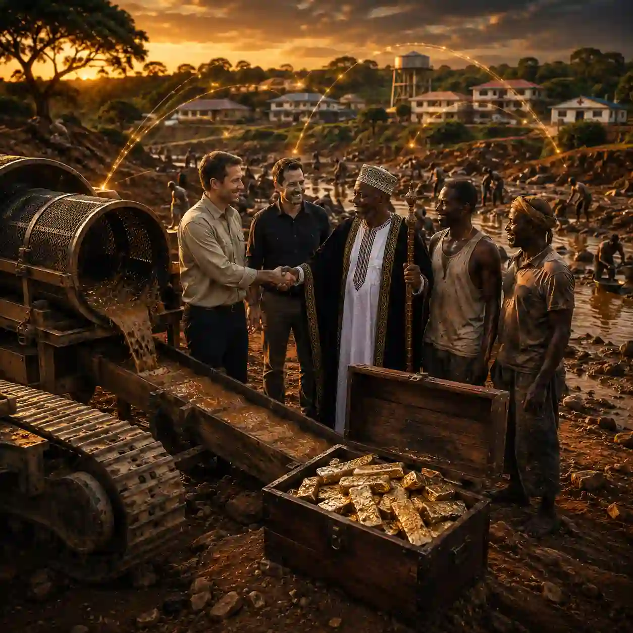 Buy Gold From Local Miners in Africa<br />
Dignified international investors and a traditional Buganda African Chief standing next to active artisanal gold mining equipment and newly built village schools in Uganda, highlighting an asset-backed community empowerment pipeline.