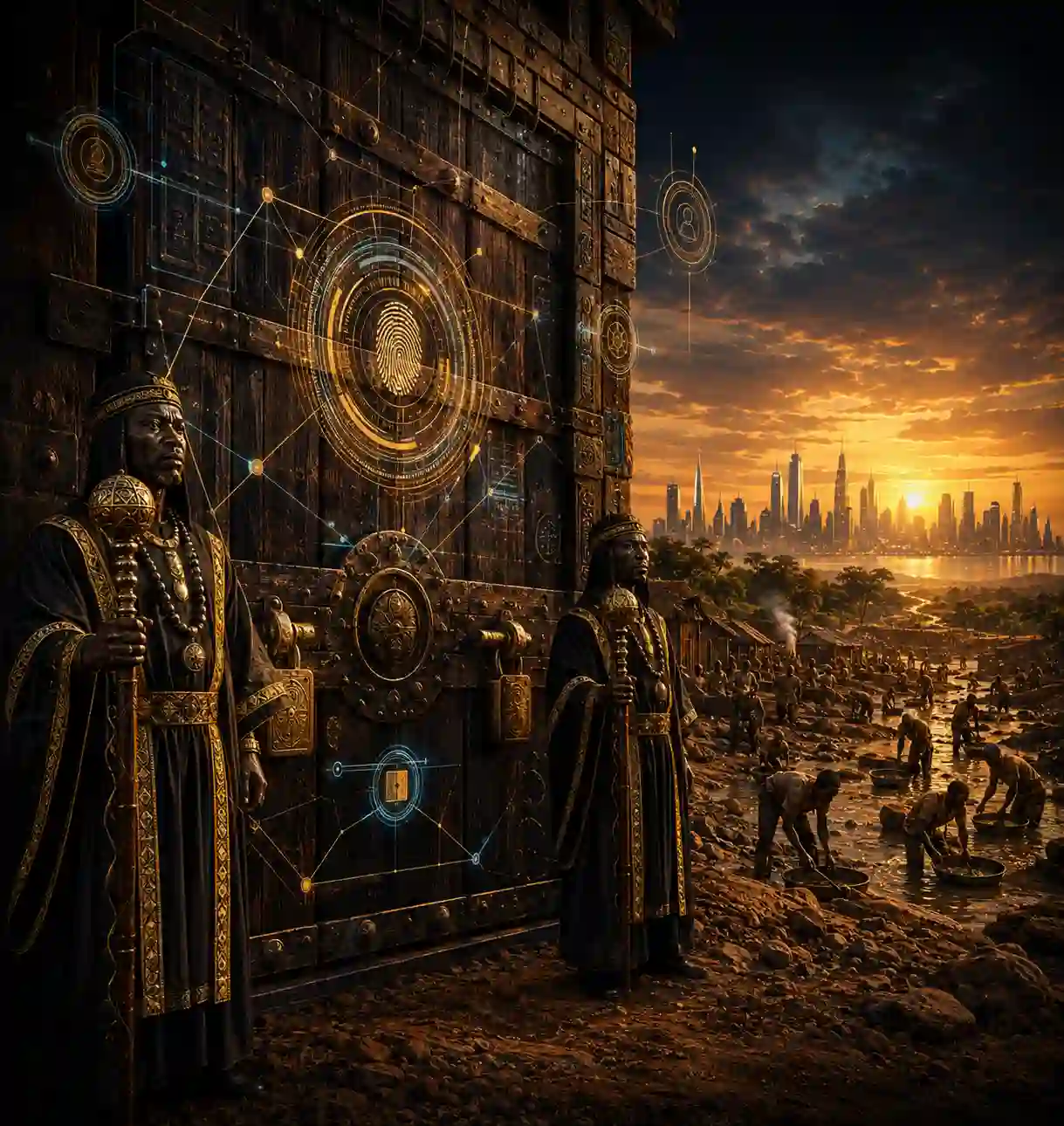 Dignified traditional palace security guards protecting raw 22 karat dore bullion inventories inside a secure African vault, highlighting an airtight resource verification tracking loop built for institutional asset safety.