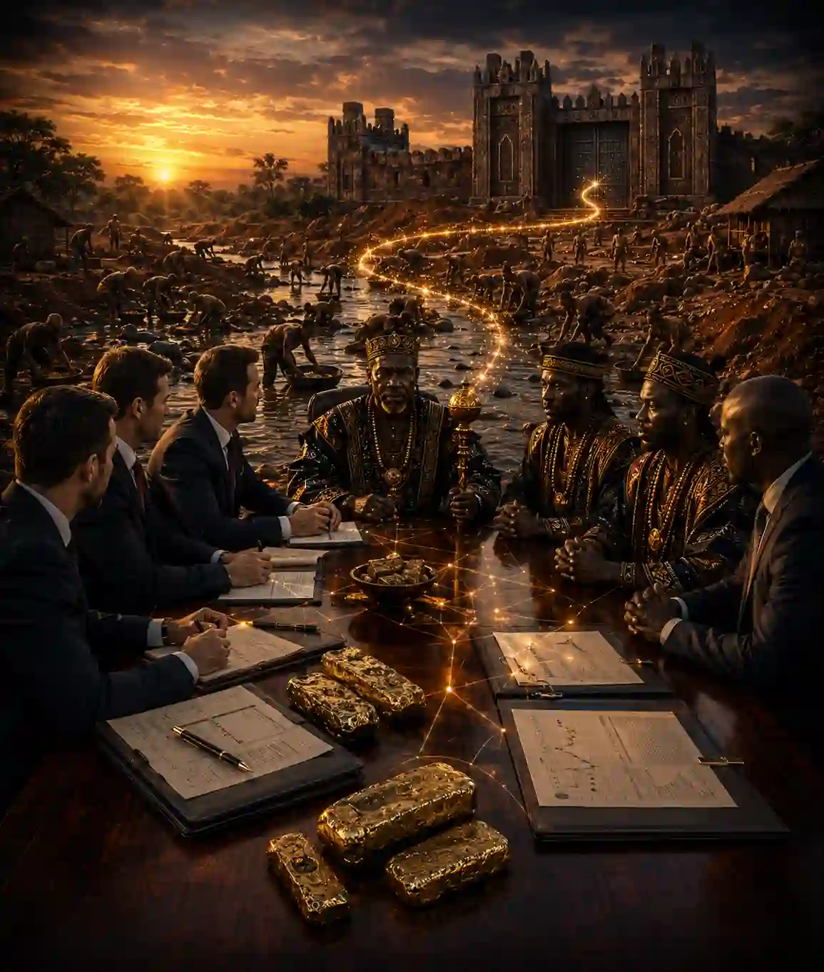 Dignified corporate investors executing a transparent on-ground contract alignment meeting with a traditional African Chief next to an active artisanal gold mining cooperative, showcasing direct palace allocation tracking.