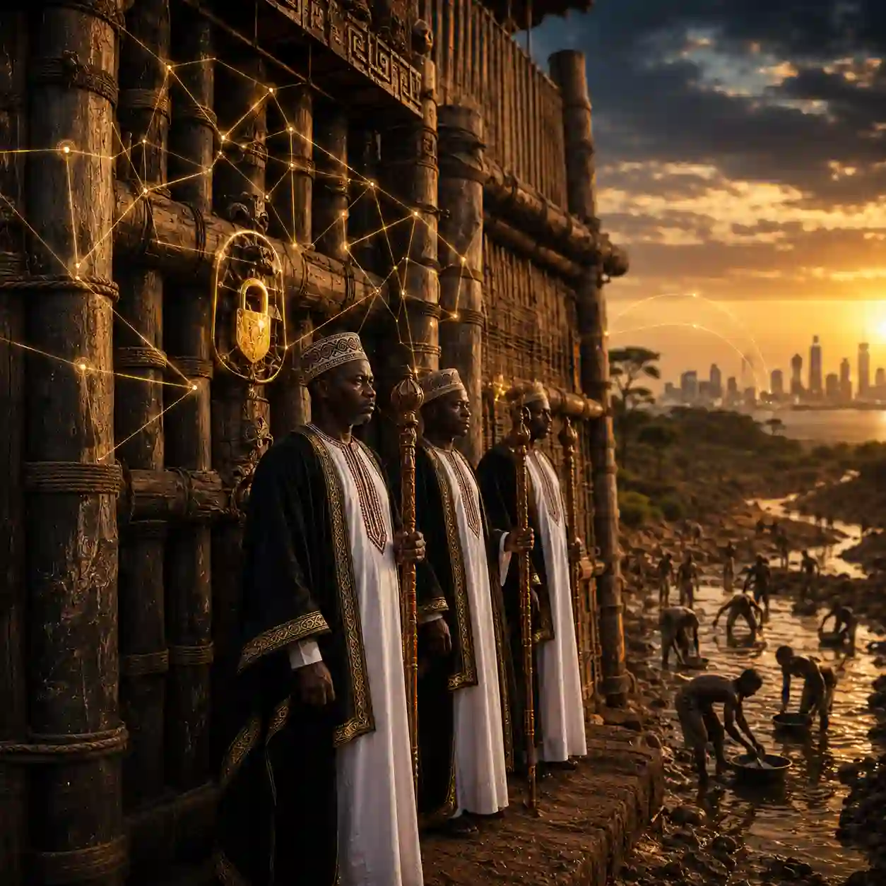 Dignified traditional Buganda palace security guards in white Kanzus protecting raw 22 karat dore bullion inventories outside a traditional reed and timber African fortress wall in Uganda, highlighting an airtight asset tracking loop.