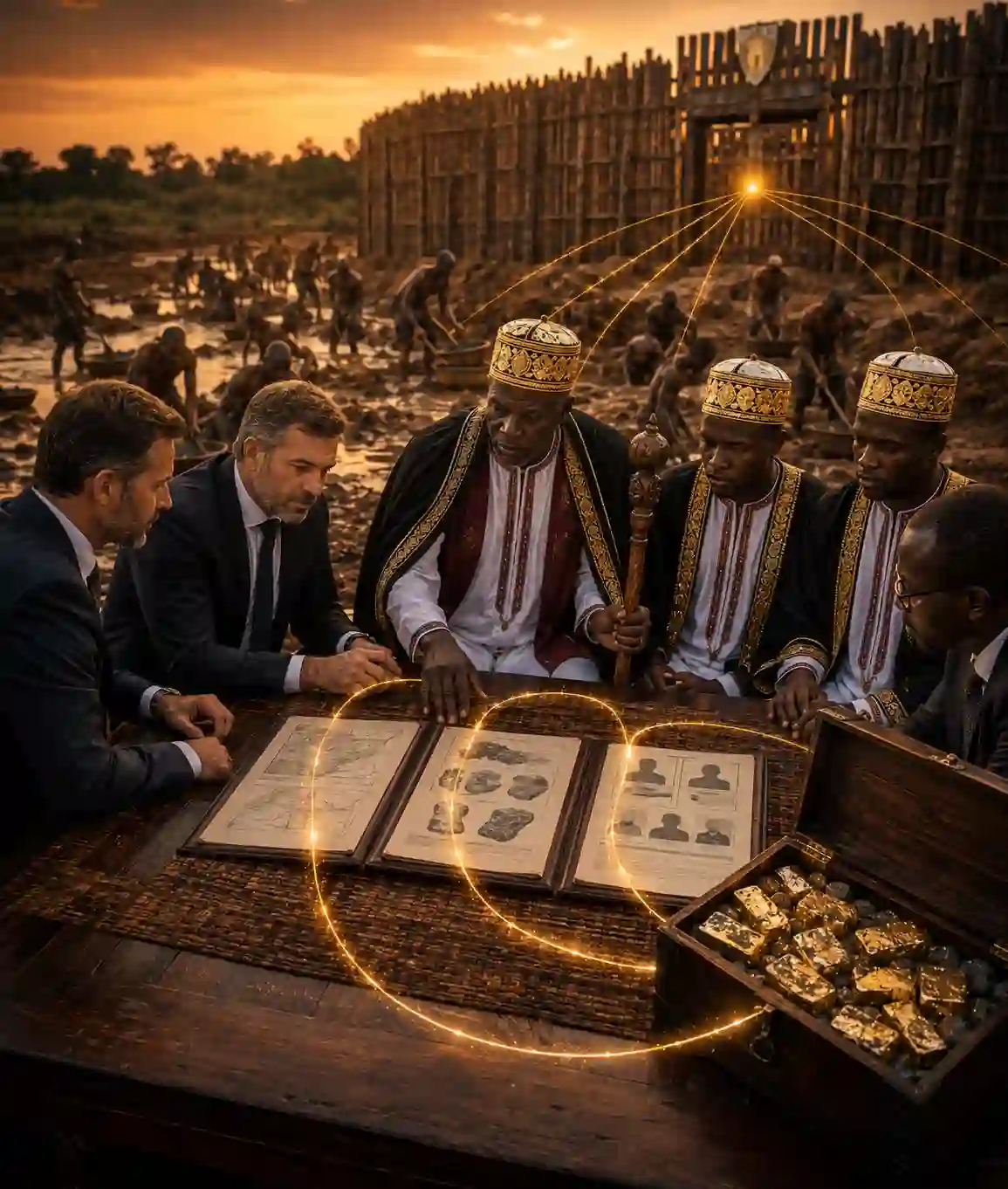 Dignified corporate compliance officers reviewing a three-tier validation framework face-to-face with a traditional Buganda African Chief next to raw 22 karat gold allocations in Uganda, highlighting a secure on-ground safeguard matrix.