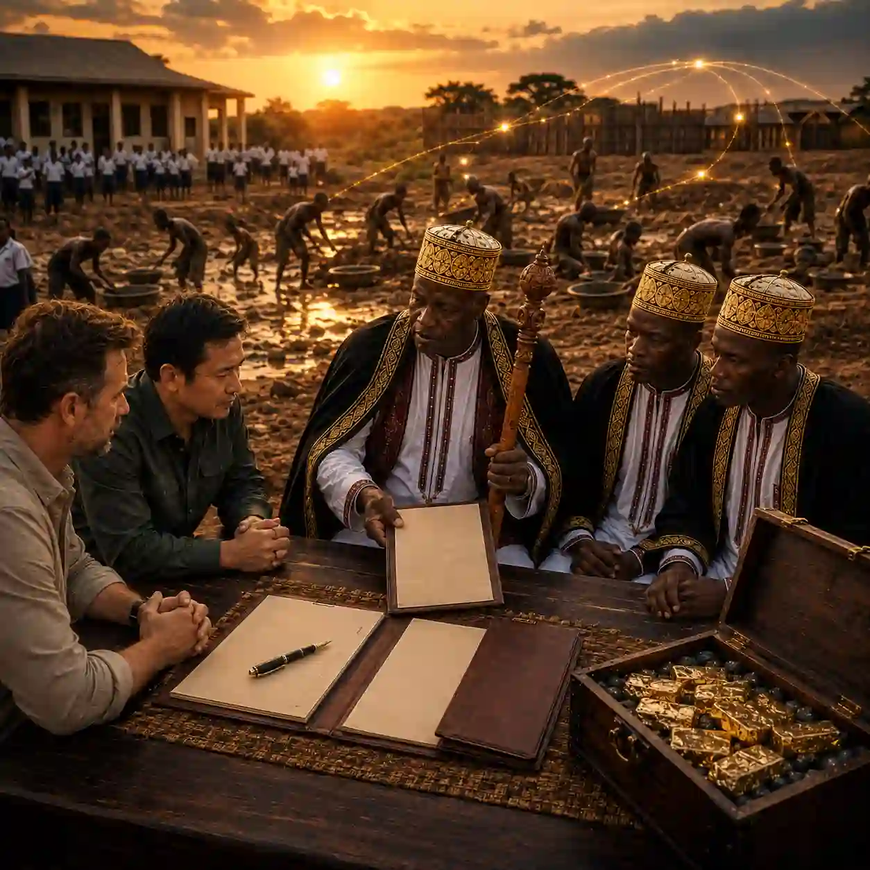Dignified international corporate allocators initiating an on-ground sourcing contact file face-to-face with a traditional Buganda African Chief next to raw 22 karat gold dore allocations in Uganda.