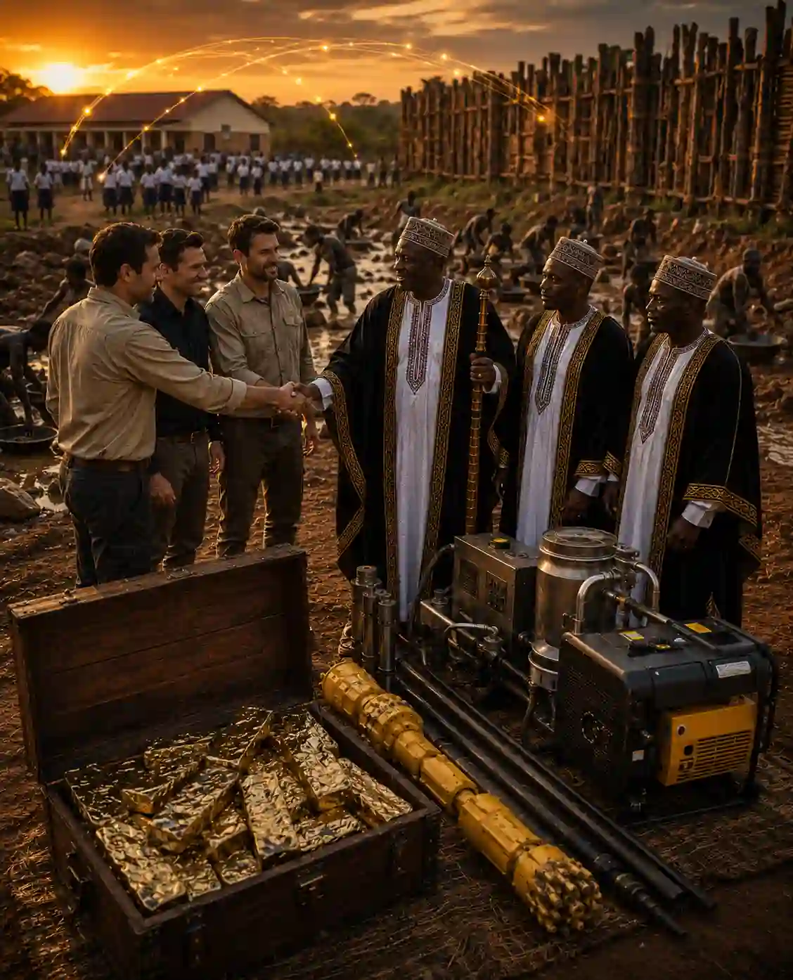 Dignified international procurement managers trading advanced mining machinery directly for rough 22 karat gold dore bars with a traditional Buganda African Chief in Uganda, highlighting an asset-backed local school development fund.