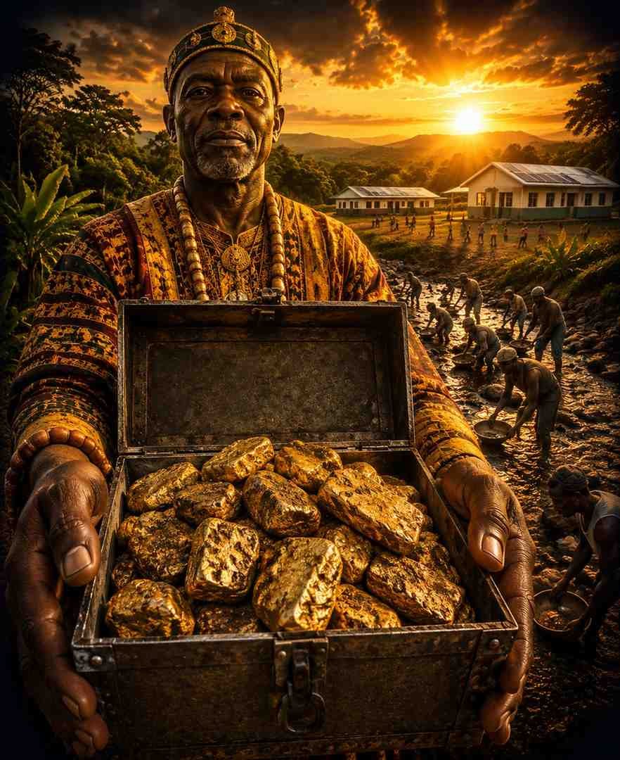 An elite traditional Chief holding raw gold dore bars to buy gold from local miners in Africa.