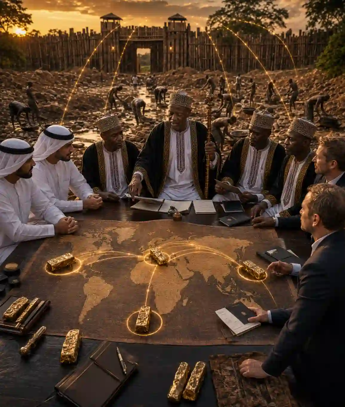 Dignified international investors from global capitals reviewing on-ground travel files face-to-face with a traditional Buganda African Chief in Uganda, highlighting regional palace allocation portals.