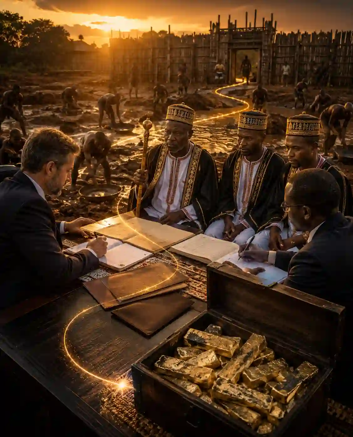 Dignified corporate compliance officers signing transparent traceability documents face-to-face with a traditional Buganda African Chief next to raw 22 karat gold dore allocations in Uganda, highlighting a secure palace audit chain.